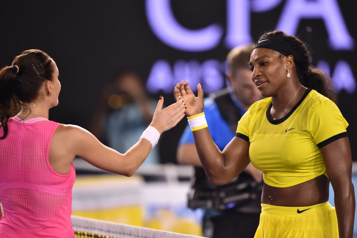 Serena Williams eased into the Australian Open final with a 6-0 6-4 victory over Agnieszka Radwankska.