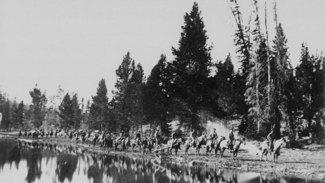 William Henry Jackson's pictures of Ferdinand V. Hayden's expedition to Yellowstone publicized the region's beauty to a wide audience. this picture was taken at Mirror Lake en route to the East Fork of the Yellowstone River on August 24, 1871. 