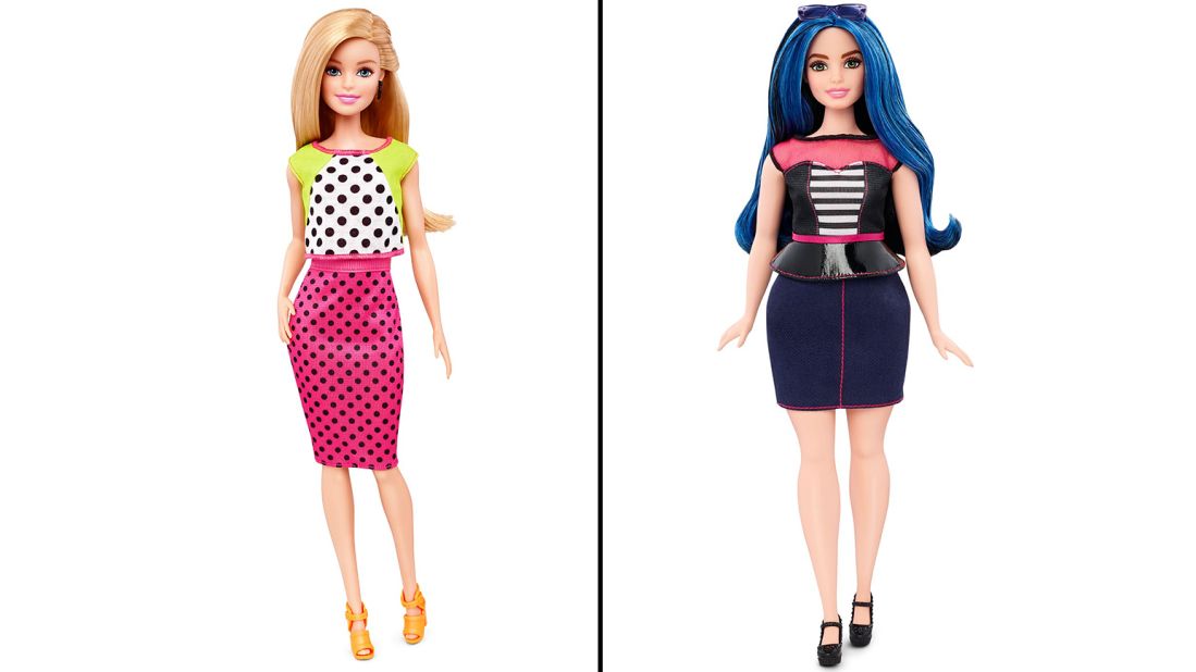 Mattel debuted a new line of Barbie dolls Thursday, January 28, featuring a range of body styles. Here, the original Barbie is on the left and the new "curvy" Barbie is on the right.