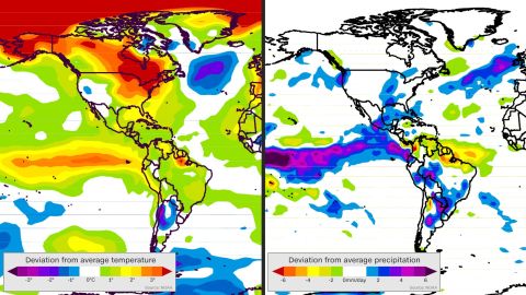 Map on left shows how the average temperature during the last 90 days is different from the average temperature of the same 90 days from 1981 to 2010. On the right, the rate of precipitation during the last 90 days is compared to the rate from the same period from 1981 to 2010.