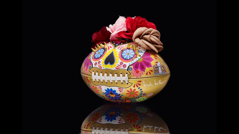 This ball, perhaps inspired by the Mexican holiday <a href="http://edition.cnn.com/2015/10/29/living/dia-de-los-muertos-makeup-tradition-feat-irpt/" target="_blank">Day of the Dead</a>, is made of acrylic paint and hand-embellished with metal studs and silk flowers. 