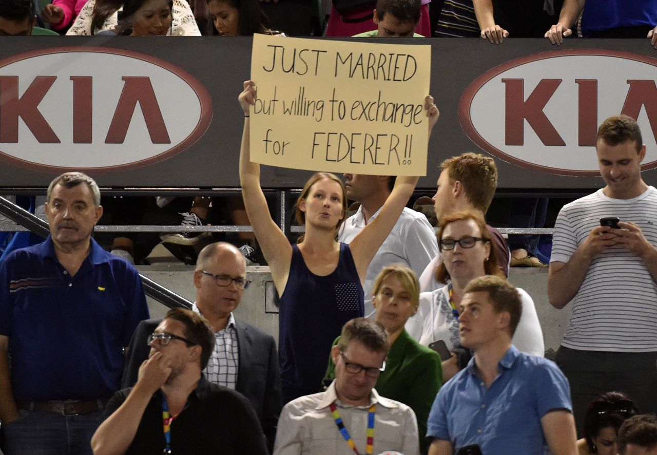 A fan in Melbourne expresses her adoration for the great Swiss. Federer said he was "so disappointed" to miss both the Rotterdam and Dubai tournaments because they are "two of my favorite tournaments on the ATP World Tour."  