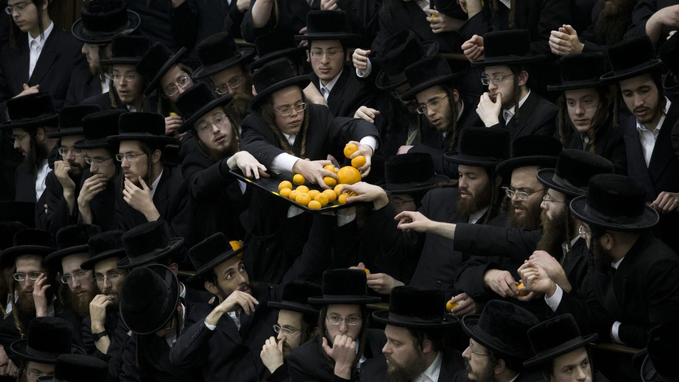 Ultra-Orthodox Jews in Jerusalem grab oranges as they celebrate the Jewish feast of Tu BiShvat on Monday, January 25.
