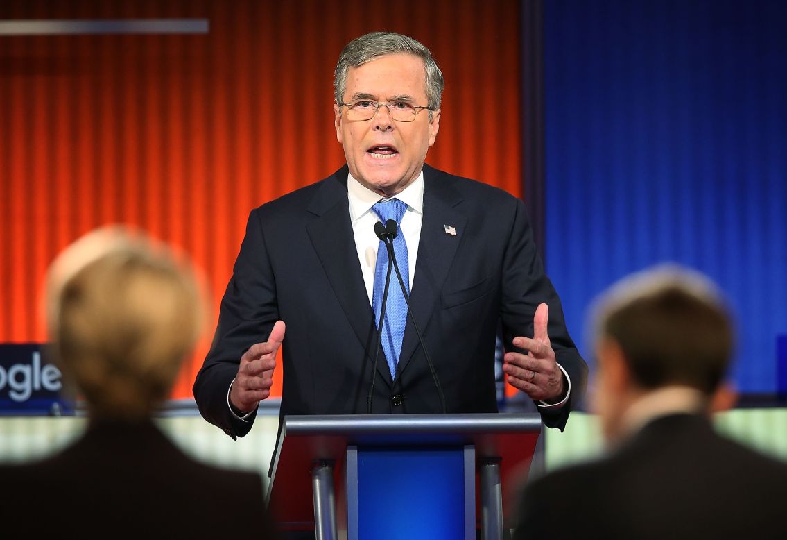 Bush, who has been increasingly combative with Trump during the debates, joked that he wished Trump was there. "I kind of miss Donald Trump. He was a little teddy bear to me," Bush said. "Everybody else was in the witness protection program when I went after him."
