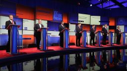DES MOINES, IA - JANUARY 28:  Republican presidential candidates (R-L) Ohio Governor John Kasich, Jeb Bush, Sen. Marco Rubio (R-FL), Sen. Ted Cruz (R-TX), Ben Carson, New Jersey Governor Chris Christie and Sen. Rand Paul (R-KY) participate in the Fox News - Google GOP Debate January 28, 2016 at the Iowa Events Center in Des Moines, Iowa. Residents of Iowa will vote for the Republican nominee at the caucuses on February 1. Donald Trump, who is leading most polls in the state, decided not to participate in the debate.  (Photo by Alex Wong/Getty Images