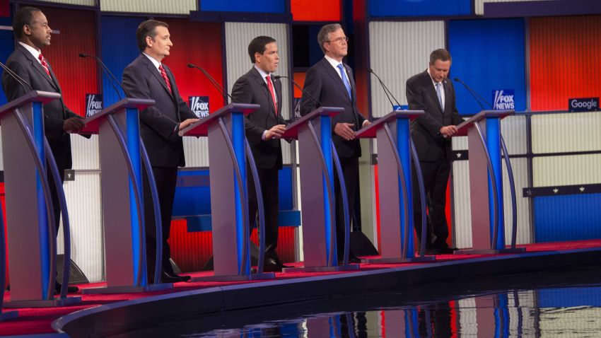 Republican Presidential candidates participate in the Republican Presidential debate sponsored by Fox News at the Iowa Events Center in Des Moines, Iowa on January 28, 2016. 