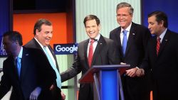 Republican presidential candidates (L-R) New Jersey Governor Chris Christie, Sen. Marco Rubio (R-FL), Jeb Bush and Sen. Ted Cruz (R-TX) after the Fox News - Google GOP Debate January 28, 2016 at the Iowa Events Center in Des Moines, Iowa.