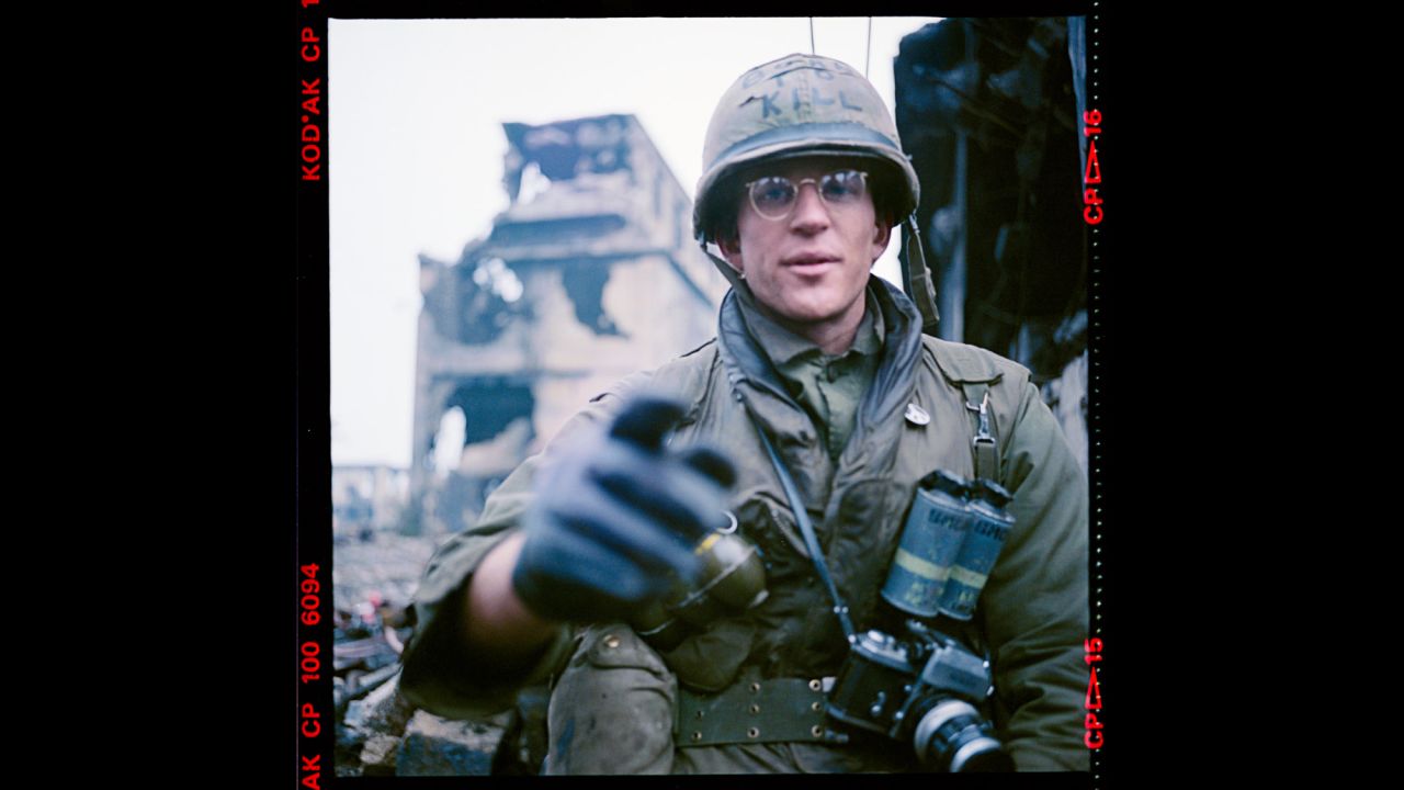 This self-portrait/exposure test was taken by actor Matthew Modine in November 1985, as he appeared on the set of Stanley Kubrick's "Full Metal Jacket." "The English weather was getting wet, nasty and cold -- difficult for scenes where you need to believe we are in Vietnam," Modine said. "I had gloves on because the weather was in the 30s -- too cold for Marine Corps-issue combat fatigues. In the background, you can see one of Beckton Gas Works' large coal bins -- artistically 'destroyed' for Stanley's production."