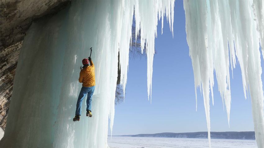 Conrad Anker climbs frozen waterfalls in Pictured Rocks National Lakeshore in Michigan.