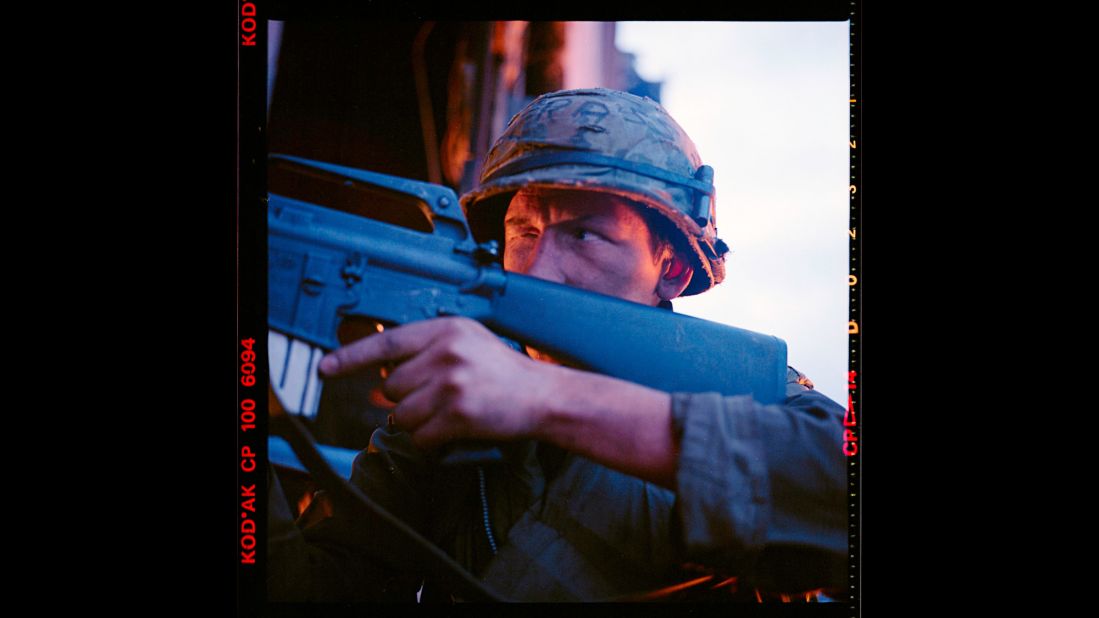 Sgt. Crazy Earl was played by Kieron Jecchinis. "One of the local guys hired to play war with the rest of us," Modine said. "He asked me if I would take a picture of him preparing to take out an imaginary bad guy."
