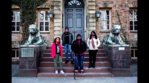 Princeton students and Black Justice League members, from left, Destiny Crockett, Asanni York, Ozioma Obi-Onuoha and Trust Kupupika, at Nassau Hall, the site of the protests last semester.