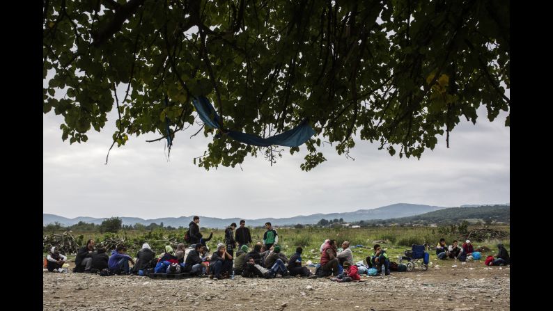 Refugees wait to enter a U.N. camp in Macedonia.
