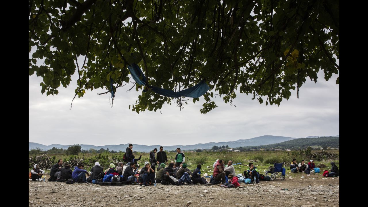 Refugees wait to enter a U.N. camp in Macedonia.