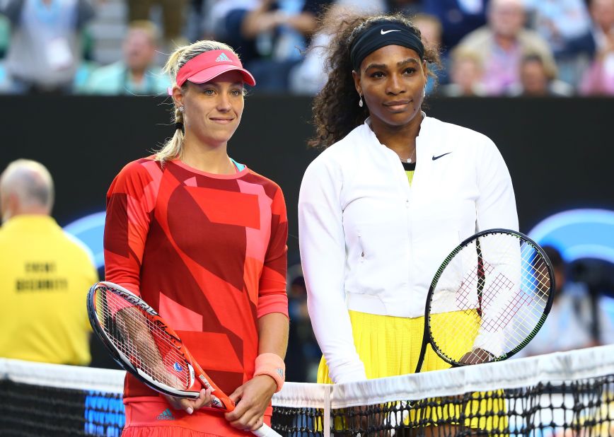 Kerber and Williams pose before the start of the final, the first grand slam final for eventual winner Kerber.