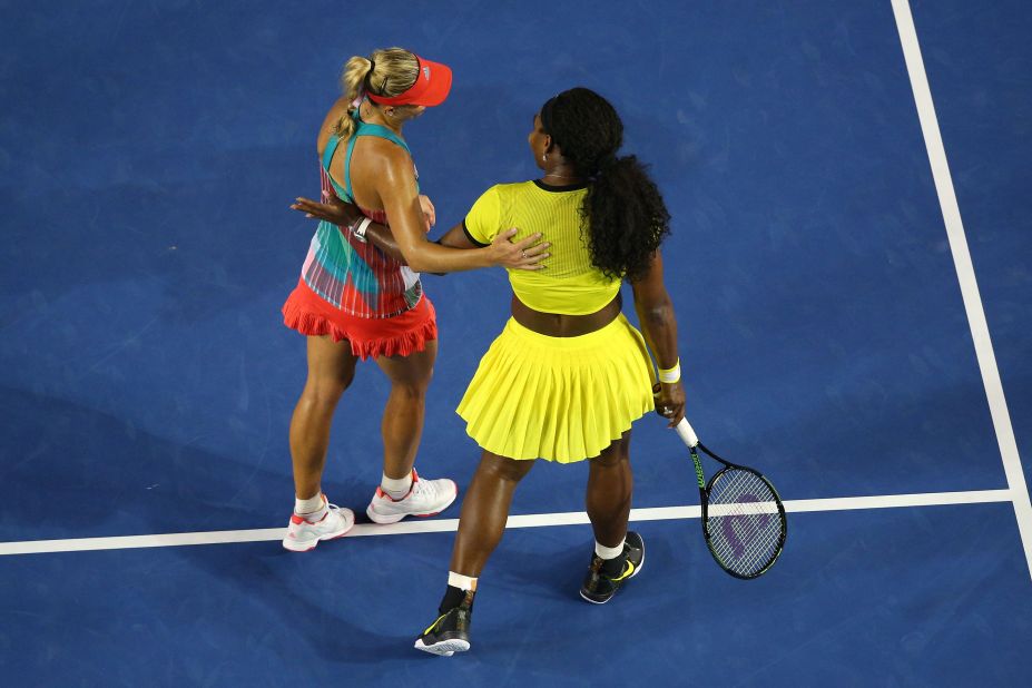 Kerber is sportingly congratulated by Williams after closing out victory in the third set.