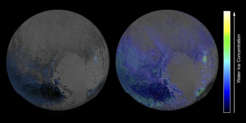 This image made in infrared light shows water ice is abundant on Pluto's surface. The image was created using two scans of Pluto made by the New Horizons spacecraft on July 14, when the probe was about 67,000 miles (108,000 kilometers) above Pluto. 