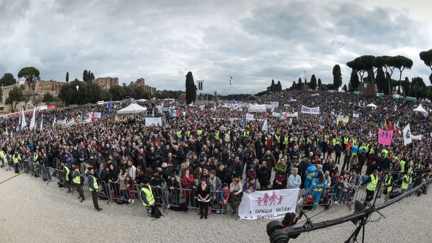 Thousands of demonstrators take part in the Family Day rally at the Circo Massimo in central Rome, on January 30, 2016.
The Family day was organised to protest against a bill to recognize civil unions, including same-sex ones currently under examination at the Italian Parliament.   / AFP / ANDREAS SOLARO        (Photo credit should read ANDREAS SOLARO/AFP/Getty Images)