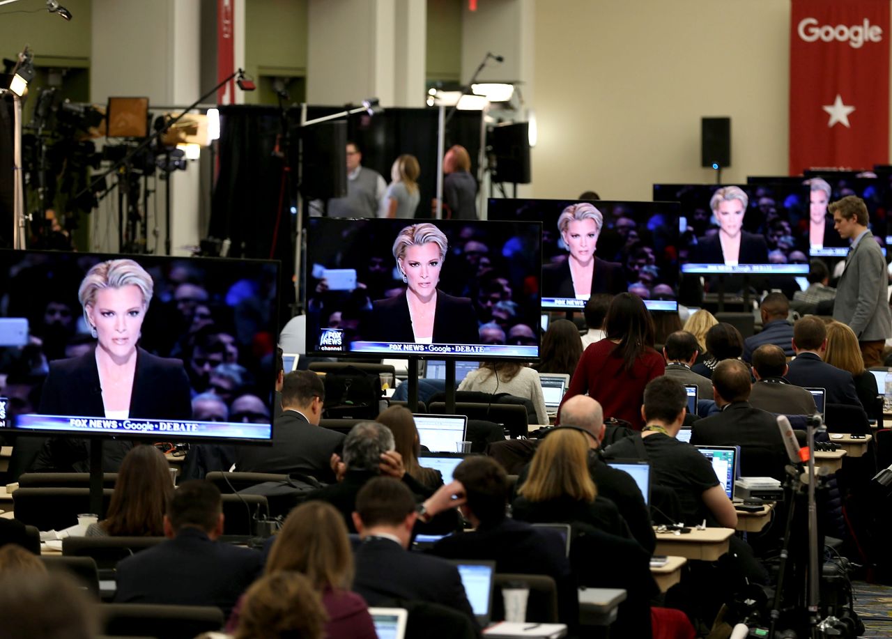 Fox News anchor Megyn Kelly is seen on television screens as she moderates the <a href="http://www.cnn.com/2016/01/28/politics/republican-debate-2016-highlights/" target="_blank">Republican presidential debate</a> in Des Moines, Iowa, on Thursday, January 28.