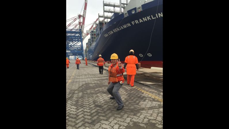 CHINA: "Chinese longshoremen berthing a monster container ship the 'Benjamin Franklin'. She carries close to 18000 containers. If you laid that many out end to end it would stretch 68 miles, about 100 km. It's loading up with stuff in the Port of Xiamen and will head to Los Angles. It will be the biggest container ship to dock in the US." - CNN's Brad Olson <a href="index.php?page=&url=http%3A%2F%2Finstagram.com%2Fcnnbrad" target="_blank" target="_blank">@cnnbrad</a>, January 30.
