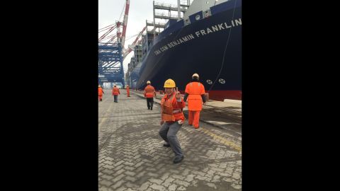 CHINA: "Chinese longshoremen berthing a monster container ship the 'Benjamin Franklin'. She carries close to 18000 containers. If you laid that many out end to end it would stretch 68 miles, about 100 km. It's loading up with stuff in the Port of Xiamen and will head to Los Angles. It will be the biggest container ship to dock in the US." - CNN's Brad Olson <a href="http://instagram.com/cnnbrad" target="_blank" target="_blank">@cnnbrad</a>, January 30.