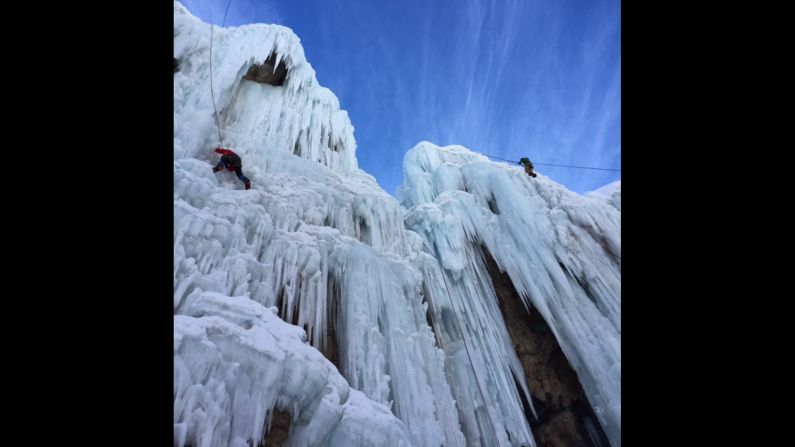 IRAN: Students from the Meygoon Ice-Climbing School use ice axes to climb a frozen waterfall. Photo by CNN's Fred Pleitgen <a href="index.php?page=&url=http%3A%2F%2Finstagram.com%2Ffpleitgencnn" target="_blank" target="_blank">@fpleitgencnn</a>.