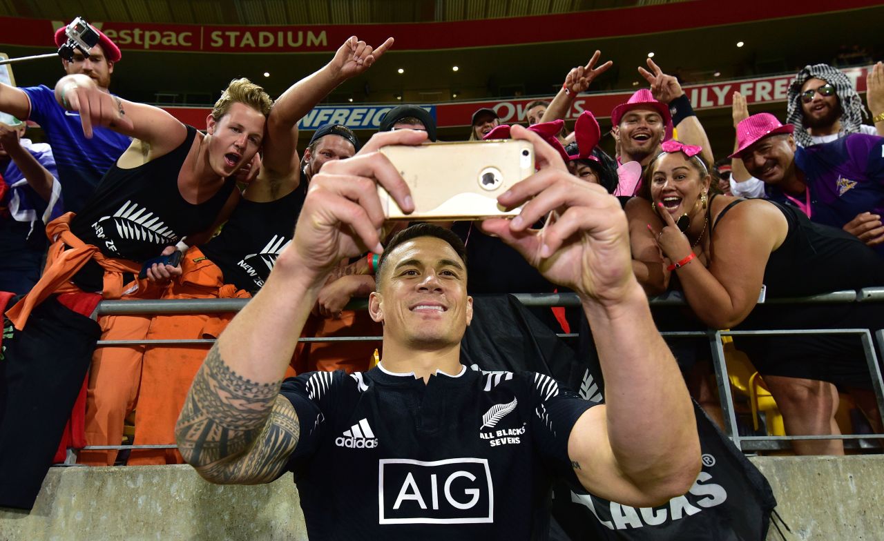 Sonny Bill Williams takes a selfie with fans during the cup final against South Africa at the Wellington Sevens.