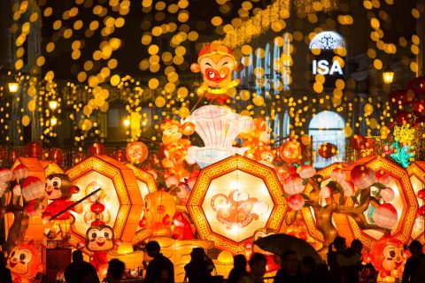 People view monkey-themed lanterns in Macao, China, on Friday, January 29. 