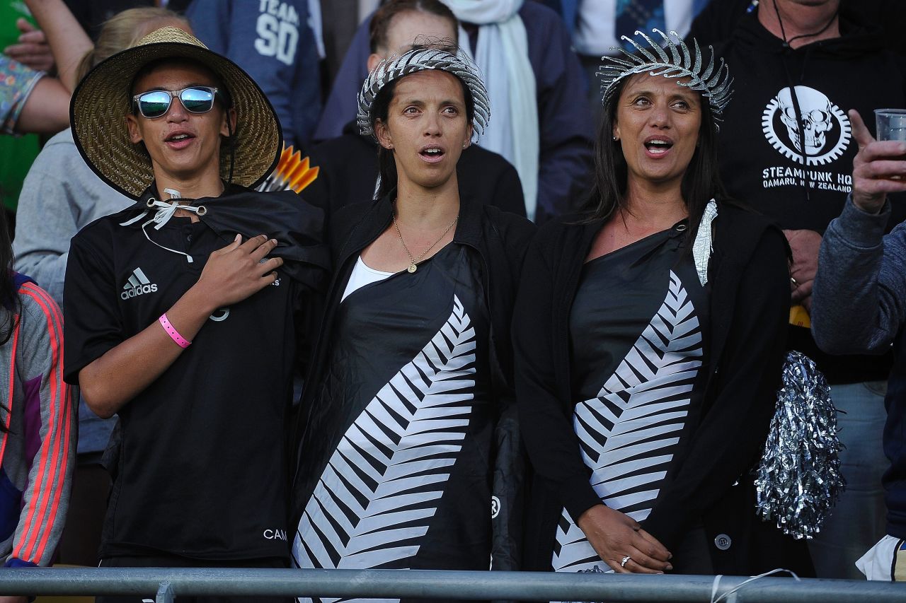 Kiwi fans sing their national anthem before kickoff. This was the last year on Wellington's contract as host city for a leg of the Sevens World Series. Officials are yet to decide which New Zealand venue will stage the event going forward.