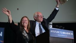DUBUQUE, IA - JANUARY 29:  Democratic presidential candidate Sen. Bernie Sanders (I-VT)  and his wife Jane O'Meara Sanders wave on stage during a campaign rally at Grand River Event Center January 29, 2016 in Dubuque, Iowa. Sanders continues to seek support for the Democratic nomination prior to the Iowa caucus on February 1.  (Photo by Alex Wong/Getty Images)