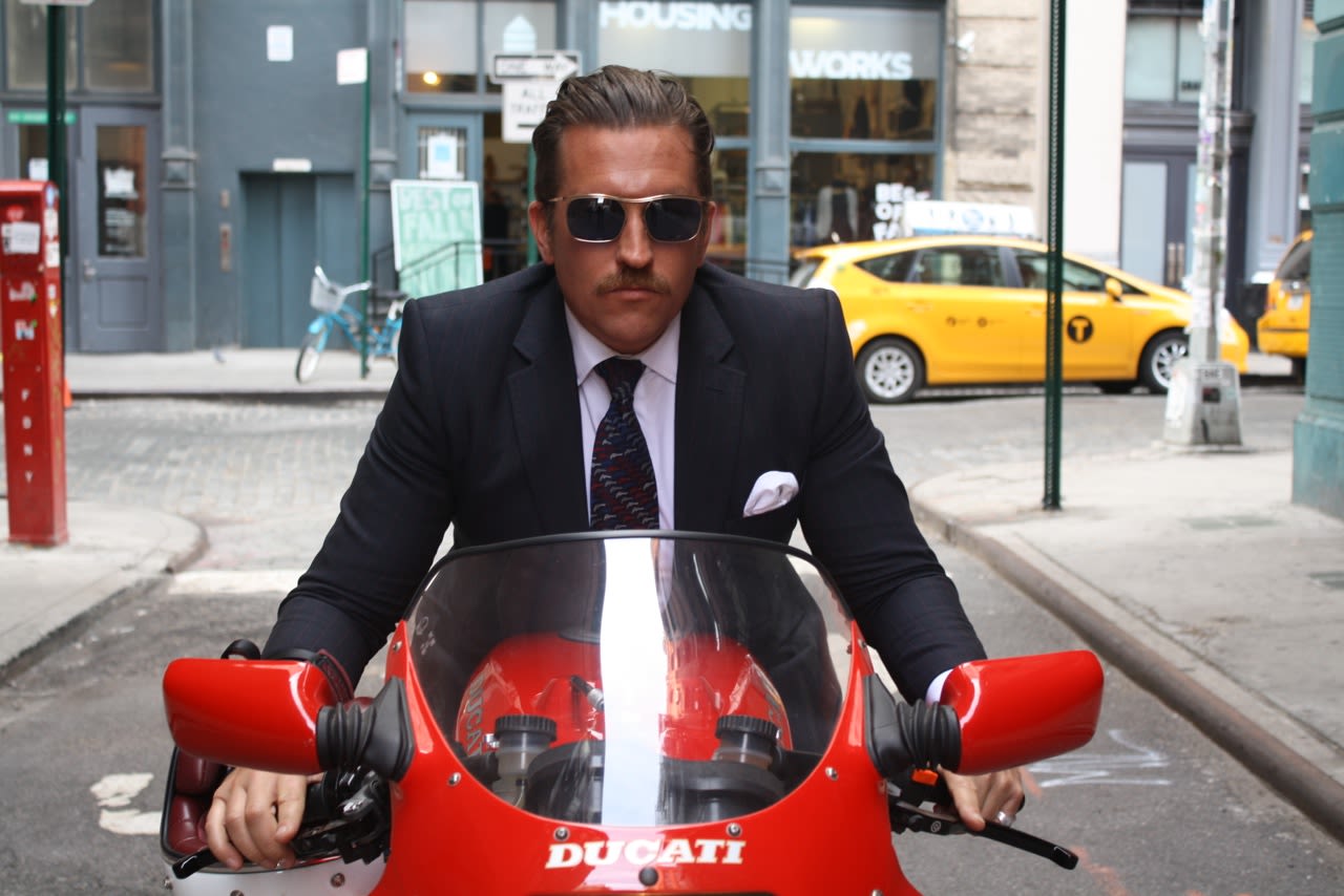 New York-based menswear designer <a href="http://duncanquinn.com/" target="_blank" target="_blank">Duncan Quinn</a> has owned several vintage and modern motorbikes and is often photographed zipping around town in one of his bespoke suits. He's had some specially made from <a href="http://www.dormeuil.com/en/" target="_blank" target="_blank">Dormeuil's</a> new Exel woolen cloth, which has enough stretch be worn over lightweight protective gear.