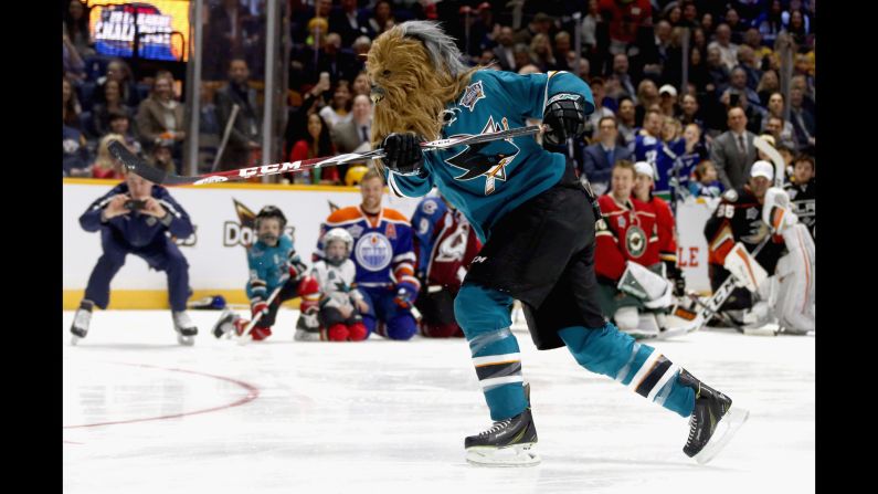 San Jose's Brent Burns wears a Chewbacca mask during the NHL All-Star Skills Competition on Saturday, January 30. Burns is already known for having some of the best <a href="https://www.instagram.com/p/_-LTy5gvSJ/" target="_blank" target="_blank">facial hair</a> in hockey.