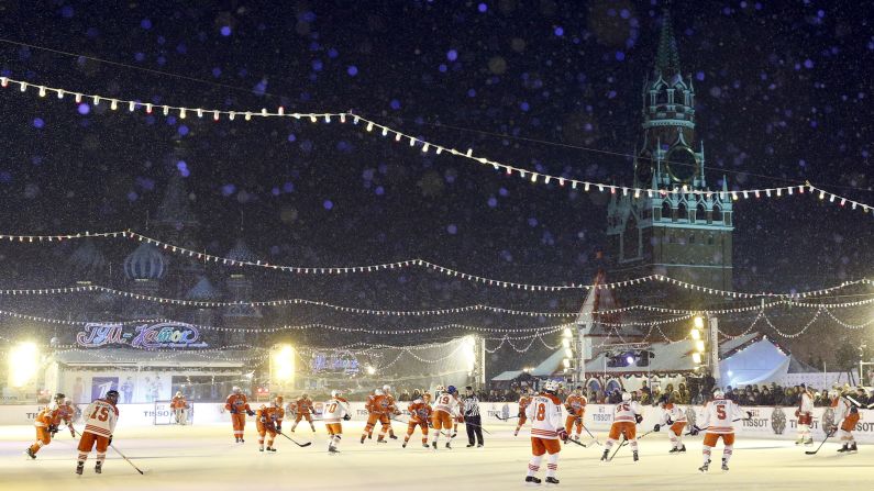 People play hockey in Moscow's Red Square on Wednesday, January 27 -- 100 days before the city hosts the Ice Hockey World Championship.