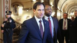 U.S. Sen. Marco Rubio (R-FL) (L) and Sen. Tim Scott (R-SC) walk thorugh the U.S. Capitol February 12, 2014 in Washington, DC.