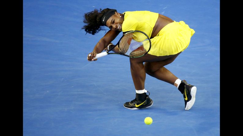 Serena Williams hits a forehand during the Australian Open final on Saturday, January 30. Williams lost to Angelique Kerber in three sets.