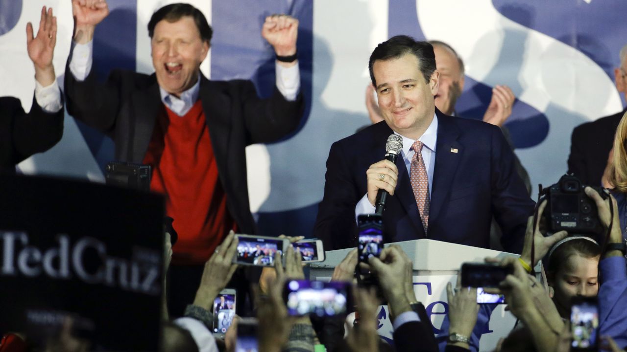 U.S. Sen. Ted Cruz emerges victorious at a rally Monday, February 1, in Des Moines after taking first place in Iowa's Republican caucuses on Monday, February 1. With about 99% of precincts reporting, Cruz had 28% of the vote, compared with 24% for Donald Trump and 23% for U.S. Sen. Marco Rubio. "Iowa has sent notice that the Republican nominee and the next president of the United States will not be chosen by the media, will not be chosen by the Washington establishment," Cruz said.