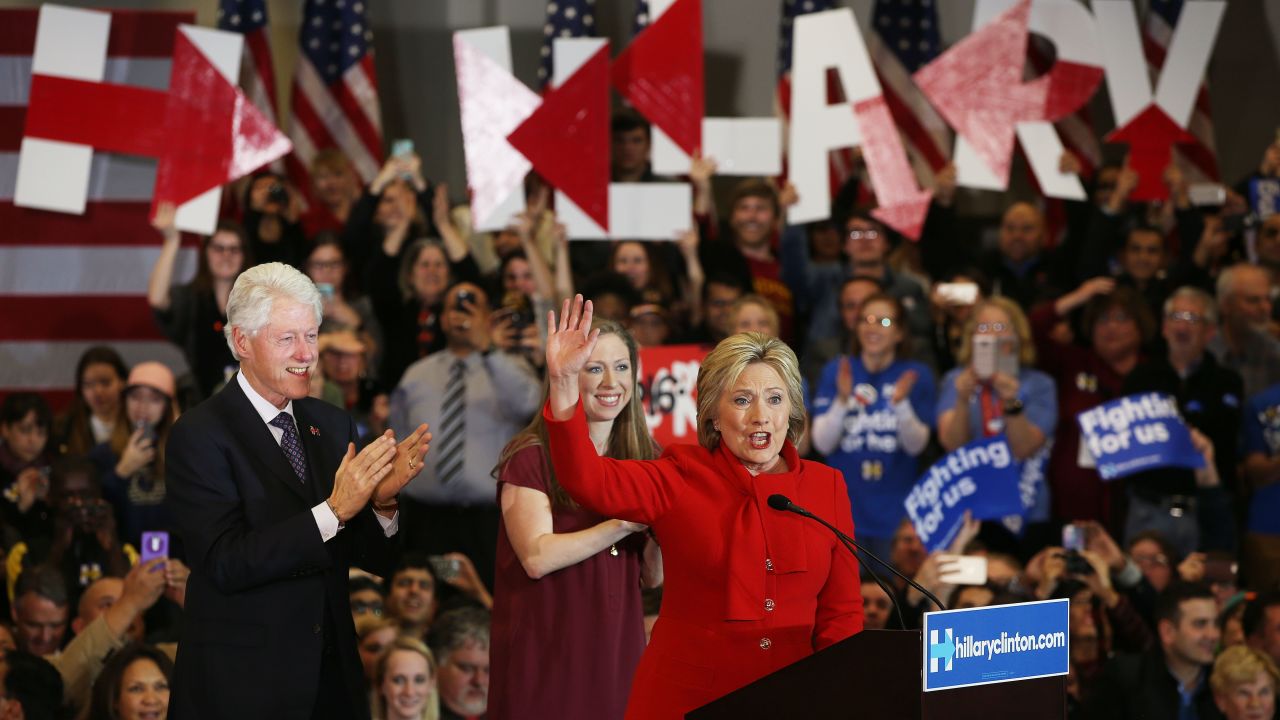With former President Bill Clinton and daughter Chelsea at her side, Democratic presidential candidate Hillary Clinton addresses supporters February 1 at Drake University in Des Moines. The following morning, the Clinton campaign declared victory in the razor-thin contest against Sen. U.S. Bernie Sanders. "Hillary Clinton has won the Iowa caucus," the Clinton campaign said. "After thorough reporting -- and analysis -- of results, there is no uncertainty and Secretary Clinton has clearly won the most national and state delegates." The Iowa Democratic Party indicated in a separate statement it was not ready to make a call.