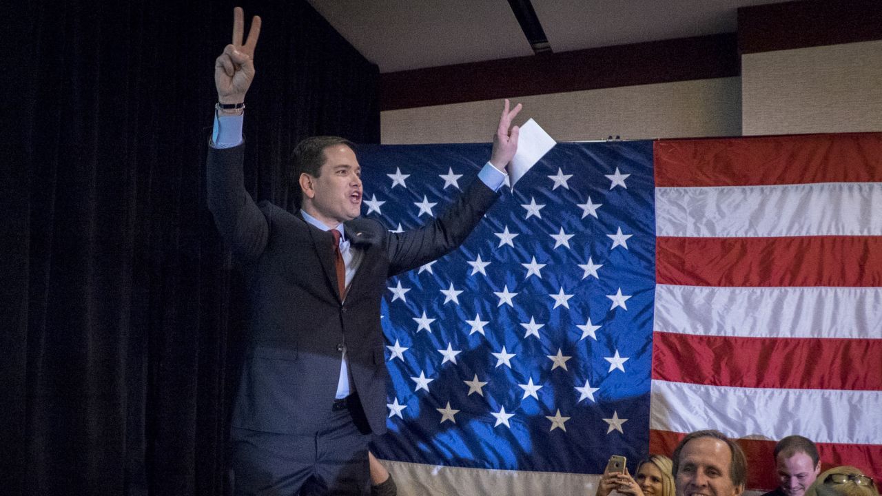 Rubio addresses his supporters at a caucus night rally in Des Moines. "This is the moment they said would never happen," Rubio said. "For months, they told us we had no chance. They told me that I needed to wait my turn, that I needed to wait in line. But tonight here in Iowa, the people of this great state have sent a very clear message: after seven years of Barack Obama, we are not waiting any longer to take our country back."