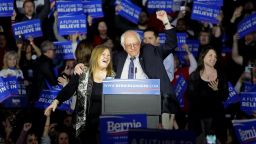 DES MOINES, IA - FEBRUARY 1 : Democratic presidential candidate Bernie Sanders stands on stage with his wife Jane OÕMeara Sanders during his Caucus night event at the at the Holiday Inn February 1, 2016 in Des Moines, Iowa. Sanders was in a virtual tie with Secretary of State Hillary Clinton late in caucus polling. (Photo by Joshua Lott/Getty Images)