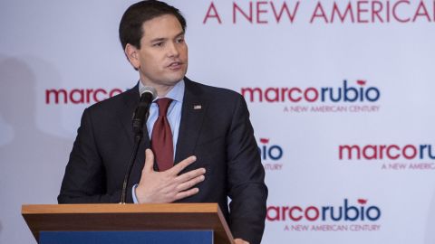 DES MOINES, IOWA - FEBRUARY 1: Republican presidential candidate, Sen. Marco Rubio (R-FL) addresses supporters at a caucus night party at the Marriott hotel on February 1, 2016 in Des Moines, Iowa. Republican and Democratic candidates for President of the United States are awaiting the first primary voting in the 2016 Presidential Election. (Photo by Pete Marovich/Getty Images)