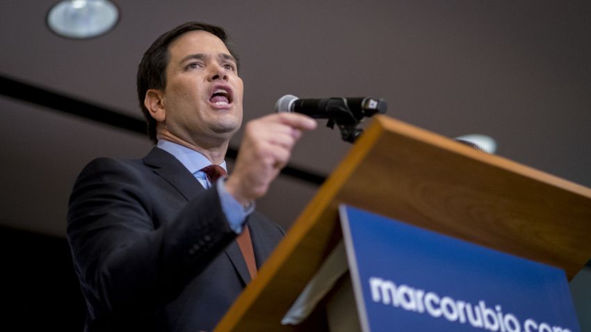 DES MOINES, IOWA - FEBRUARY 1: Republican presidential candidate, Sen. Marco Rubio (R-FL) addresses supporters at a caucus night party at the Marriott hotel on February 1, 2016 in Des Moines, Iowa. Republican and Democratic candidates for President of the United States are awaiting the first primary voting in the 2016 Presidential Election.  (Photo by Pete Marovich/Getty Images)