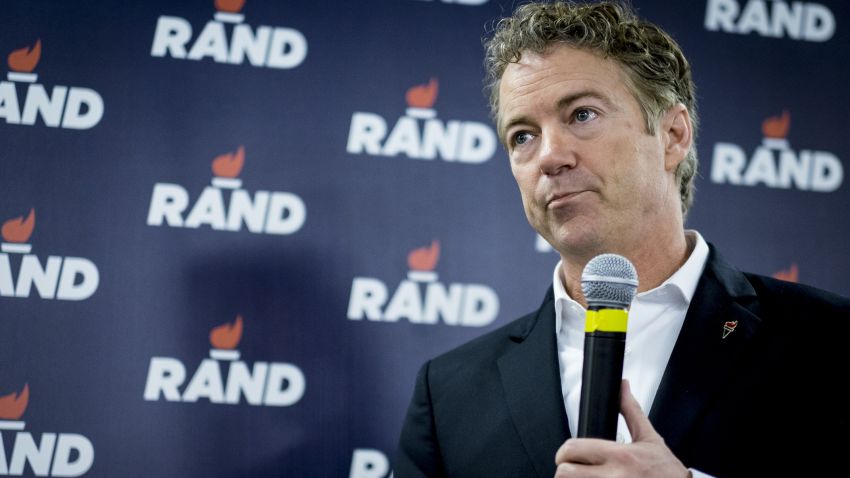 DES MOINES, IA - FEBRUARY 1:  Senator  Rand Paul (R-TX) speaks during a caucus day rally at his Des Moines headquarters on February 1, 2016 in Des Moines, Iowa. The Presidential hopeful was accompanied by his wife, Kelly, mother, Carol Wells and his father, former Congressman Ron Paul. Pauls were there to thank all the staff and volunteers for all their hard work in Iowa. (Photo by Pete Marovich/Getty Images)
