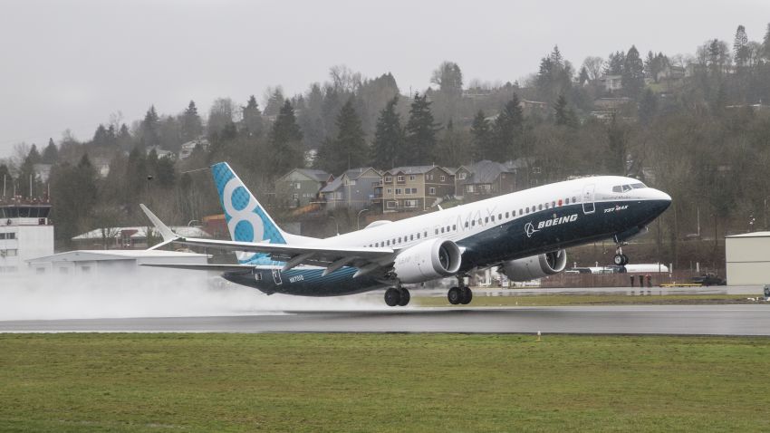 RENTON, WA - JANUARY 29: A Boeing 737 MAX 8 airliner lifts off for its first flight on January 29, 2016 in Renton, Washington. The 737 MAX is the newest of Boeing's most popular airliner featuring more fuel efficient engines and redesigned wings. (Photo by Stephen Brashear/Getty Images)