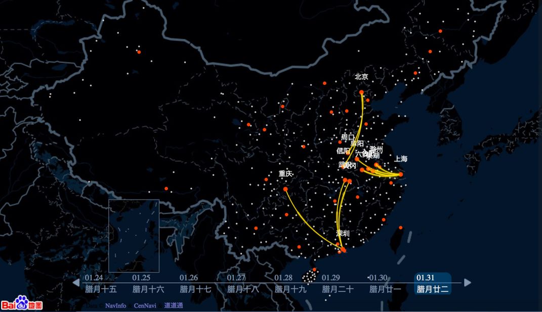 China's biggest search engine, Baidu has released an interactive, real time Qianxi (or Migration) Map that tracks movements around the country during the Spring Festival travel rush. The most popular routes on February 3 appear as yellow lines. 