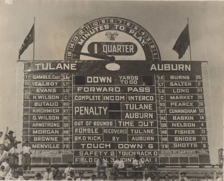 Tulane Stadium's scoreboard -- famous for its confusing layout -- was a signature feature of the old facility. It was salvaged by a Tulane employee before the stadium's demolition in 1979.