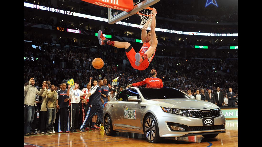 <strong>Blake Griffin (2011):</strong> With a choir singing R. Kelly's "I Believe I Can Fly," Griffin jumped over the hood of car and finished an alley-oop pass from teammate Baron Davis, who was poking out of the sunroof.