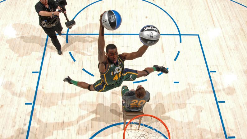 <strong>Jeremy Evans (2012):</strong> Perhaps the standout dunk from Evans' victory was when he jumped over teammate Gordon Hayward, caught two balls and dunked one with each hand. He later dunked over comedian Kevin Hart while paying homage to former Jazz great Karl Malone.