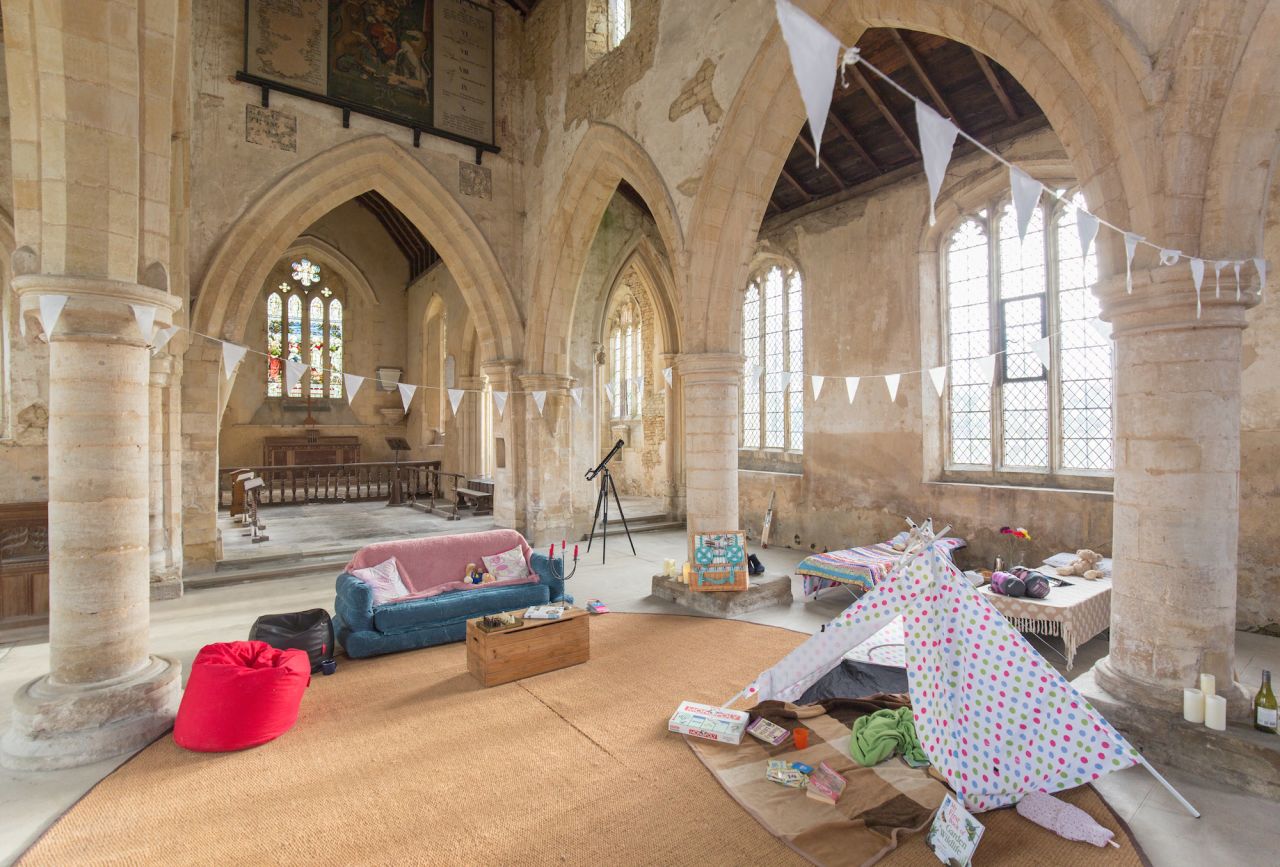 Churches Conservation Trust, a London-based charity, allows people to "camp" inside at-risk parish churches for a fee. For the upcoming "champing" season it will open 10 churches, including All Saints in West Stourmouth. 