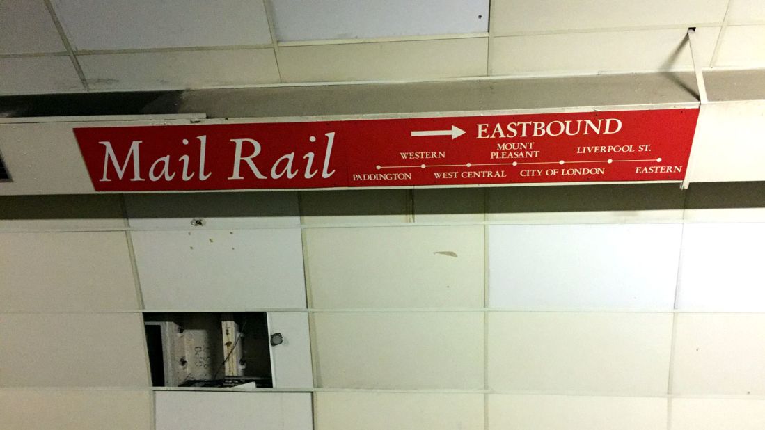A sign displays the network of Mail Rail stations beneath the city. These were situated beneath the city's main postal sorting depots.