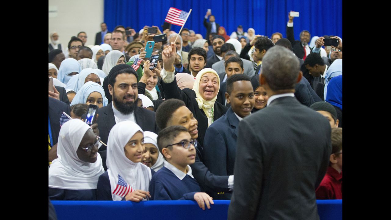 U.S. President Barack Obama greets children and other guests during a visit to the Islamic Society of Baltimore on Wednesday, February 3. It was Obama's <a href="http://www.cnn.com/2016/02/03/politics/obama-mosque-visit-muslim-rhetoric/" target="_blank">first visit to a U.S. mosque</a> since he became President.