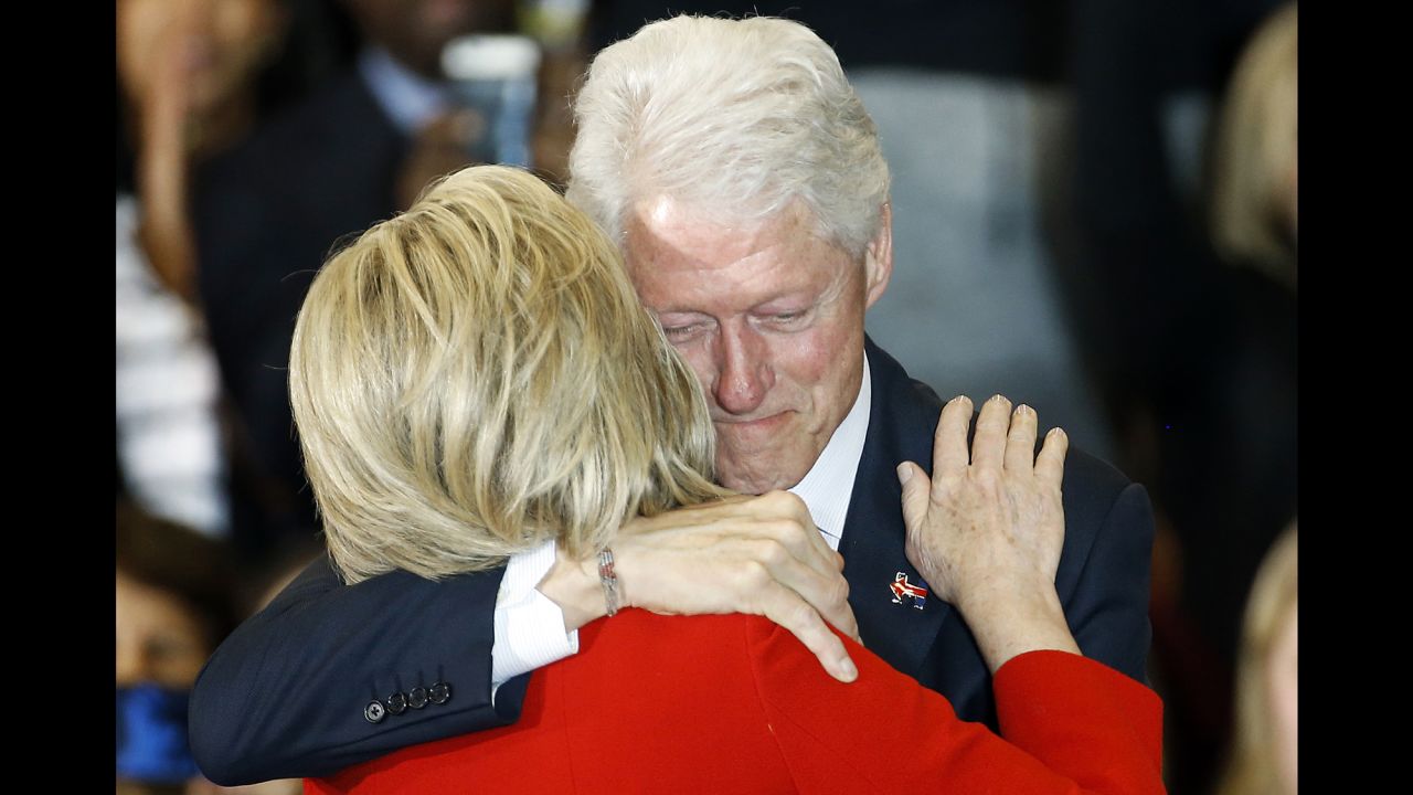 Democratic presidential candidate Hillary Clinton hugs her husband, former U.S. President Bill Clinton, during a caucus night party in Des Moines, Iowa, on Monday, February 1. <a href="http://www.cnn.com/2016/02/02/politics/hillary-clinton-coin-flip-iowa-bernie-sanders/" target="_blank">Clinton edged U.S. Sen. Bernie Sanders</a> by less than half a percentage point: 49.9% to 49.6%.